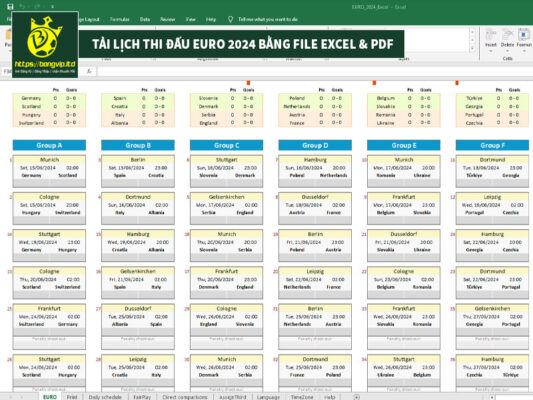 Tải lịch thi đấu Euro 2024 Excel & PDF - File mới nhất